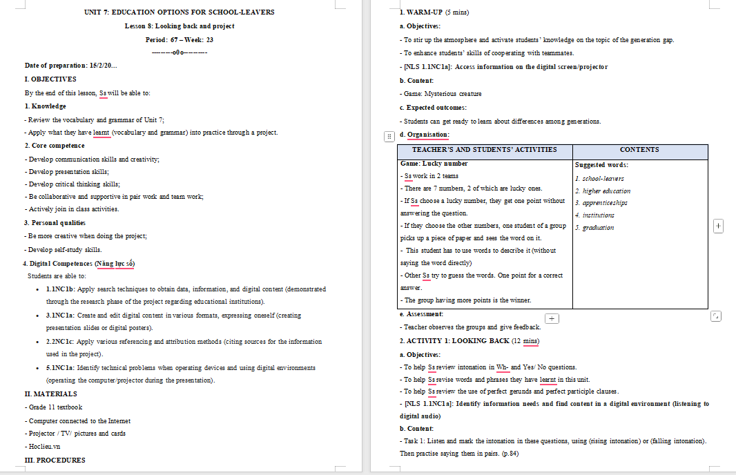 Giáo án Tiếng Anh 11 Unit 7: Looking Back