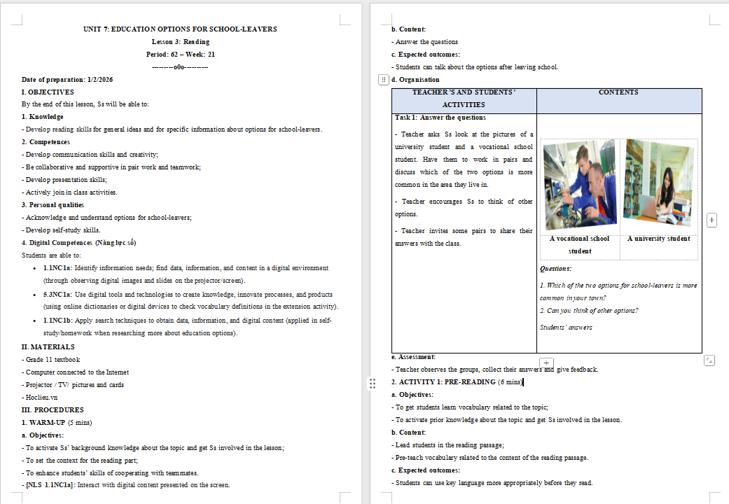 Giáo án Tiếng Anh 11 Unit 7: Reading