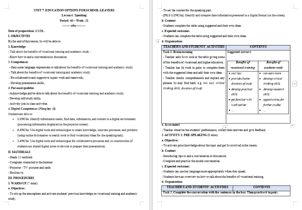 Giáo án Tiếng Anh 11 Unit 7: Speaking