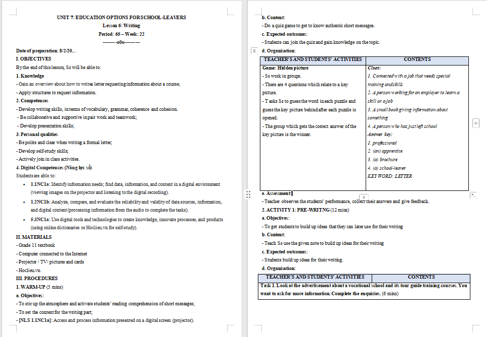 Giáo án Tiếng Anh 11 Unit 7: Writing