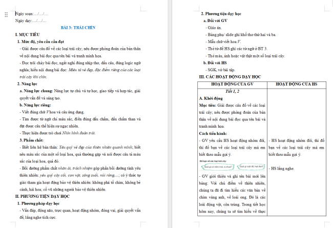 Giáo án Tiếng Việt 2 Bài 3: Đọc Trái chín