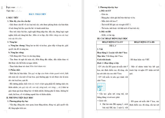 Giáo án Tiếng Việt 2 Bài 3: Viết chữ hoa V