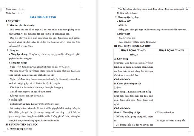 Giáo án Tiếng Việt 2 Bài 4: Nghe - viết Hoa mai vàng