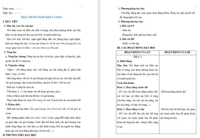 Giáo án Tiếng Việt 2 Bài 2: Đọc Rừng ngập mặn Cà Mau