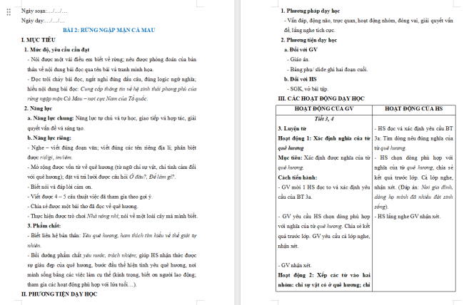 Giáo án Tiếng Việt 2 Bài 2: Mở rộng vốn từ Quê hương. Nói và đáp lời cảm ơn