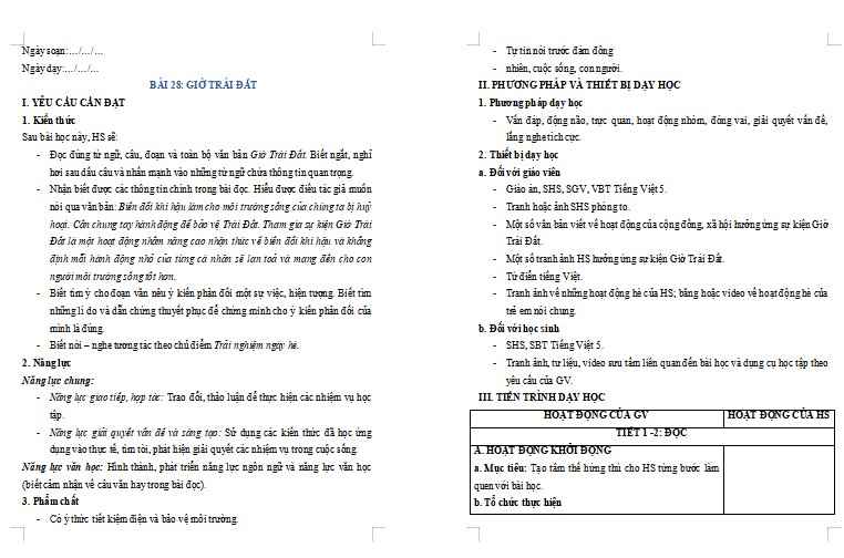 Giáo án Tiếng Việt lớp 5 Bài 28: Giờ Trái Đất