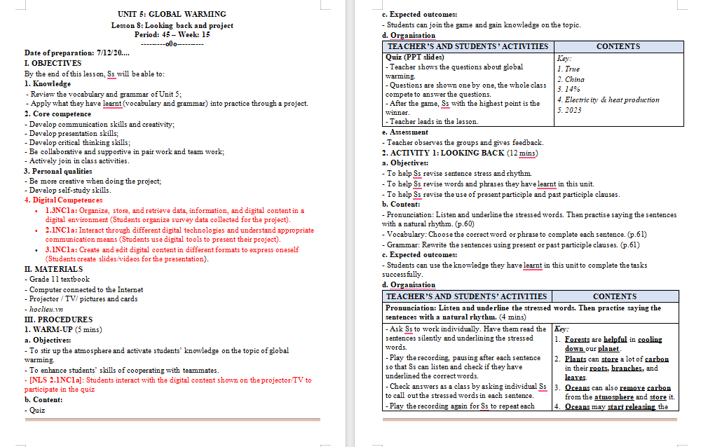 Tiếng Anh 11 Unit 5 Looking Back
