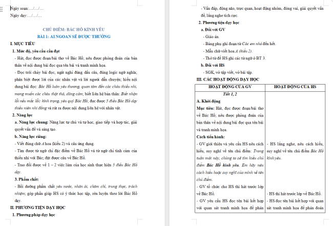Giáo án Tiếng Việt 2 Bài 1: Đọc Ai ngoan sẽ được thưởng