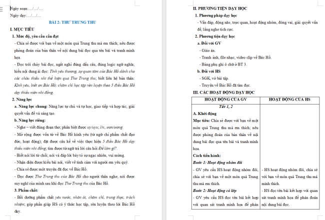 Giáo án Tiếng Việt 2 Bài 2: Đọc Thư Trung thu