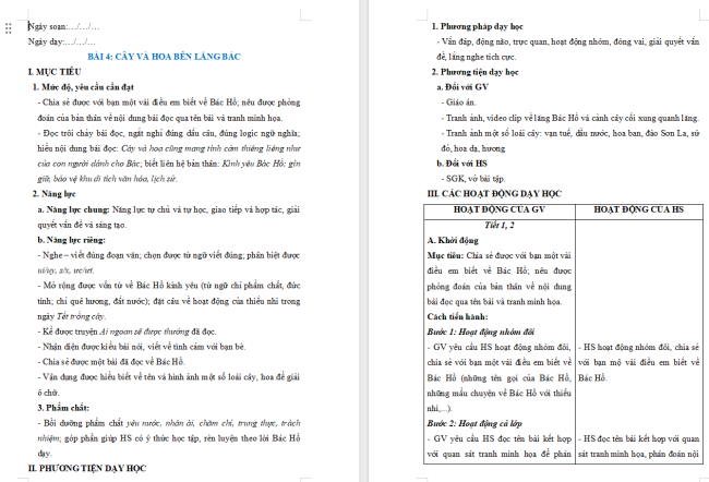 Giáo án Tiếng Việt 2 Bài 4: Đọc Cây và hoa bên lăng Bác