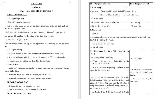 Giáo án Tiếng Việt 3 Bài 11: Nhớ - viết Trên hồ Ba Bể