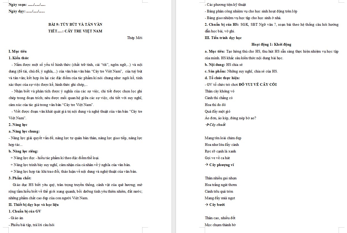 KHBD Ngữ văn 7 Bài Cây tre Việt Nam Cánh Diều
