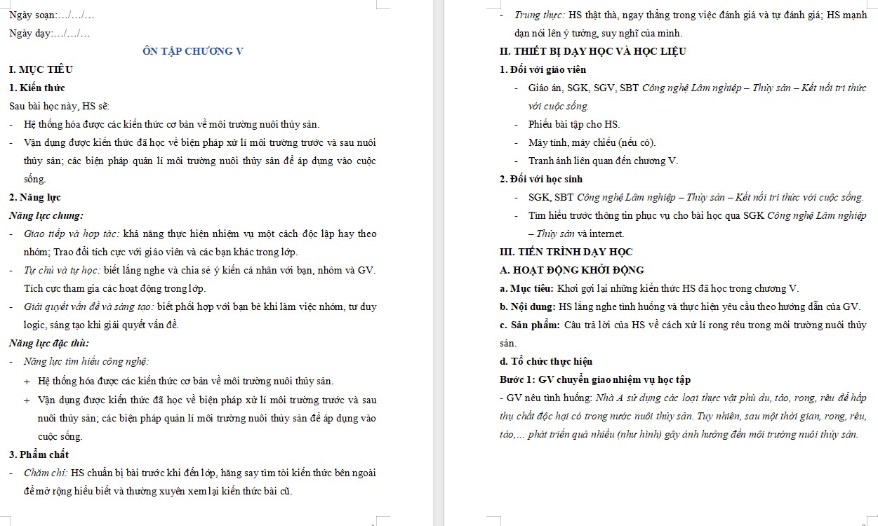 Giáo án bài Ôn tập chương 5 Công nghệ 12 KNTT