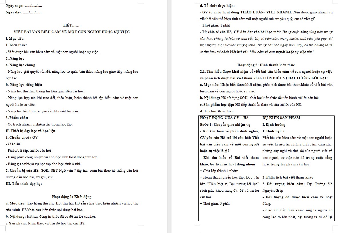 KHBD Ngữ văn 7 Bài Viết bài văn biểu cảm về con người hoặc sự việc