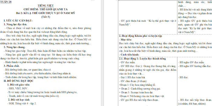 Giáo án Tiếng Việt 4 Bài 2: Kì lạ thế giới thực vật ở Nam Mỹ