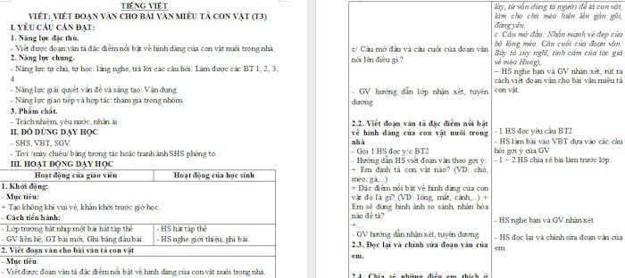 Giáo án Tiếng Việt 4 Bài 4: Viết đoạn văn cho bài văn miêu tả con vật