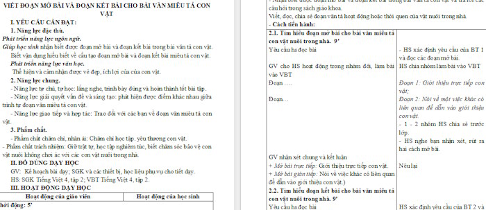 Giáo án Tiếng Việt 4 Bài 6: Viết đoạn mở bài và đoạn kết bài cho bài văn miêu tả con vật