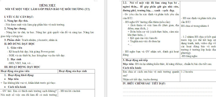 Giáo án Tiếng Việt 4 Nói về một việc làm góp phần bảo vệ môi trường