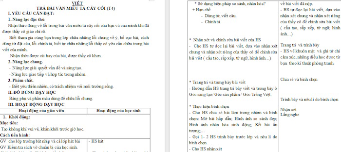 Giáo án Tiếng Việt 4 Trả bài văn miêu tả cây cối