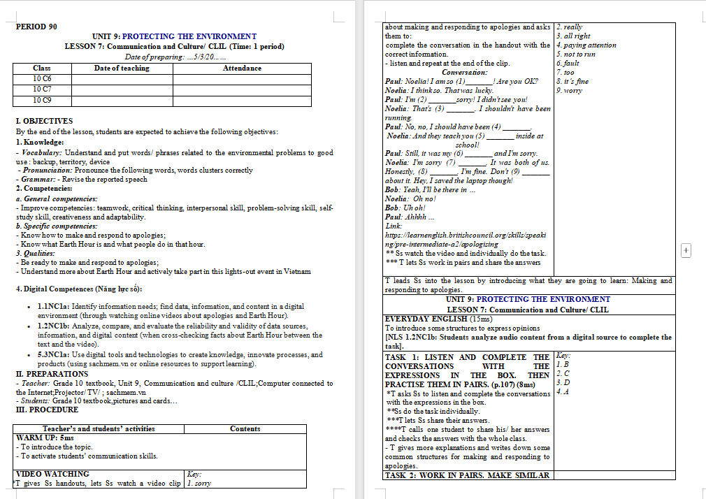 Giáo án Tiếng Anh 10 Unit 9: Looking Back