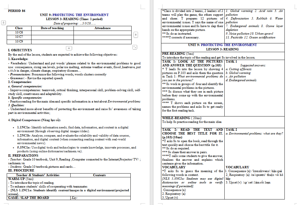 Giáo án Tiếng Anh 10 Unit 9: Reading