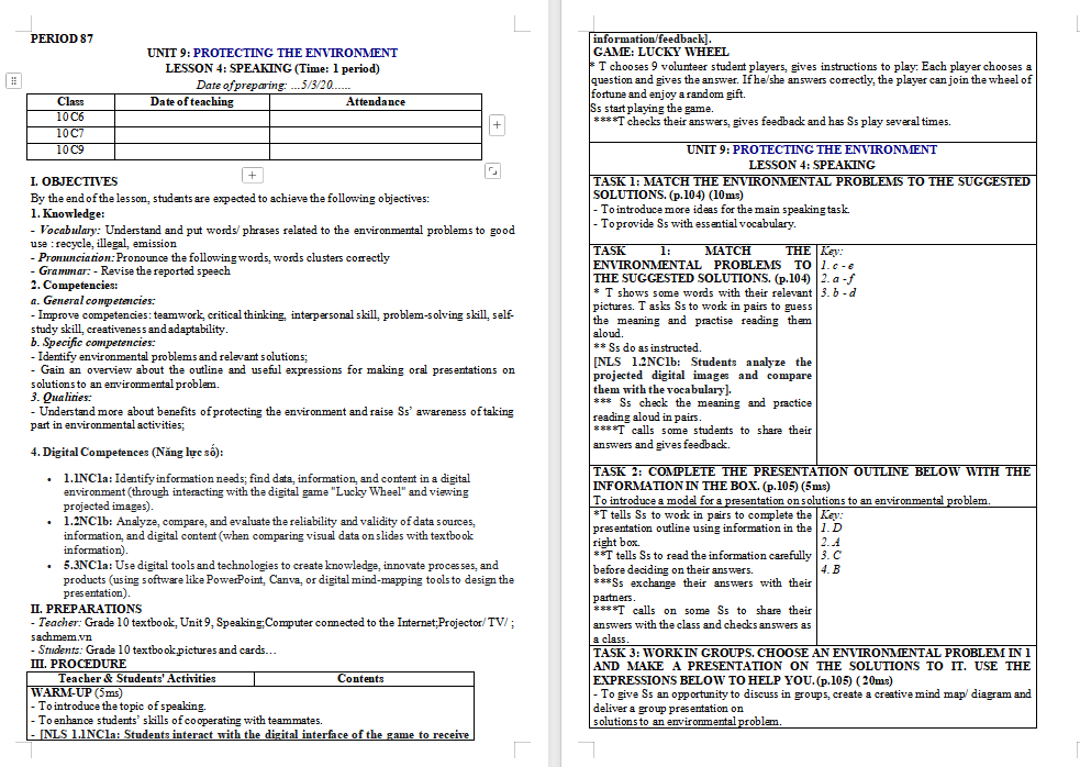 Giáo án Tiếng Anh 10 Unit 9: Speaking