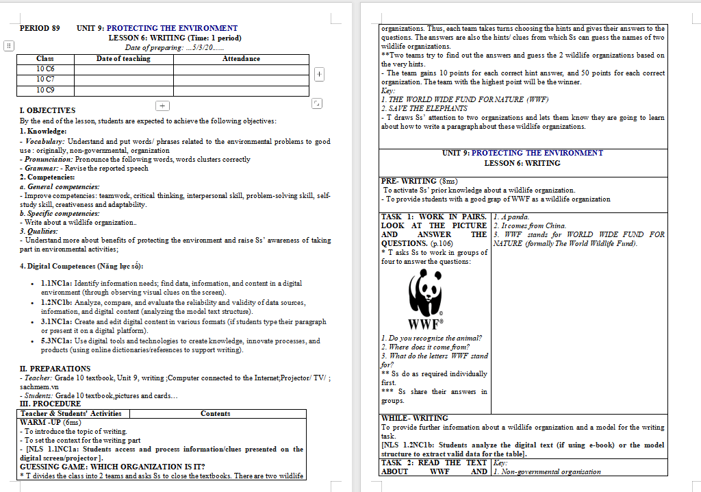 Giáo án Tiếng Anh 10 Unit 9: Writing