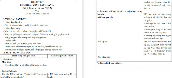 Giáo án Tiếng Việt 4 Bài 2: Trả bài văn miêu tả con vật