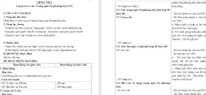 Giáo án Tiếng Việt 4 Trạng ngữ chỉ phương tiện
