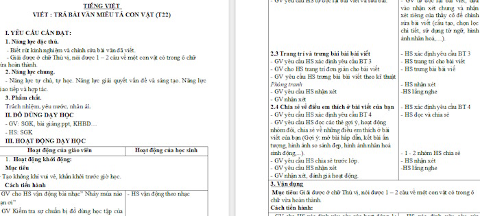 Giáo án Tiếng Việt 4 Bài 6: Trả bài văn miêu tả con vật