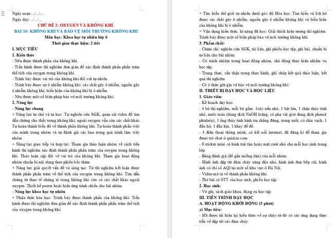 Giáo án Khoa học tự nhiên 6 Bài 10: Không khí và bảo vệ môi trường không khí