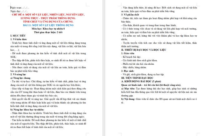 Giáo án Khoa học tự nhiên 6 Bài 11: Một số vật liệu thông dụng