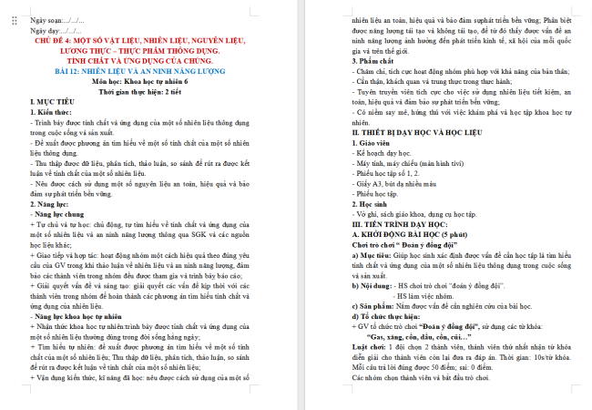 Giáo án Khoa học tự nhiên 6 Bài 12: Nhiên liệu và an ninh năng lượng