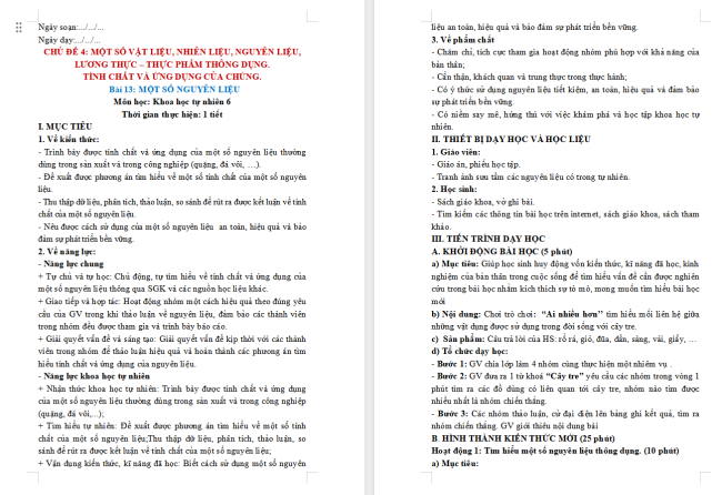 Giáo án Khoa học tự nhiên 6 Bài 13: Một số nguyên liệu