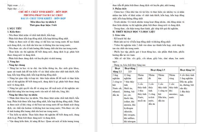 Giáo án Khoa học tự nhiên 6 Bài 15: Chất tinh khiết - Hỗn hợp