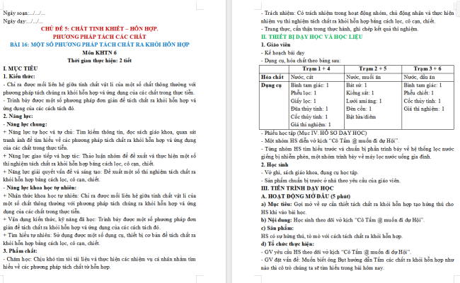 Giáo án Khoa học tự nhiên 6 Bài 16: Một số phương pháp tách chất ra khỏi hỗn hợp