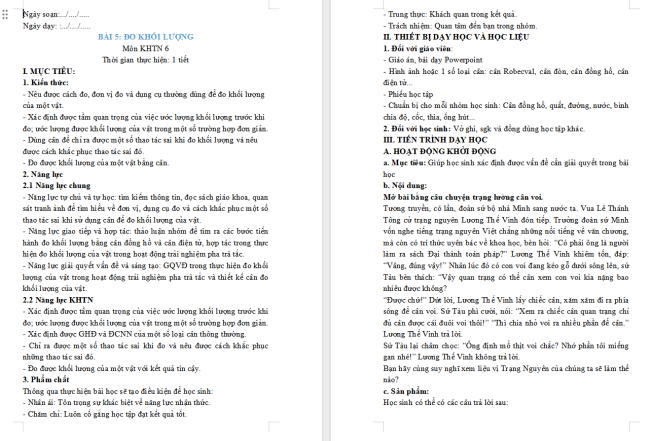 Giáo án Khoa học tự nhiên 6 Bài 5: Đo khối lượng