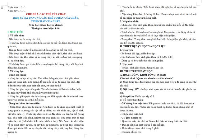 Giáo án Khoa học tự nhiên 6 Bài 8: Sự đa dạng và các thể cơ bản của chất. Tính chất của chất