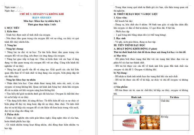 Giáo án Khoa học tự nhiên 6 Bài 9: Oxygen