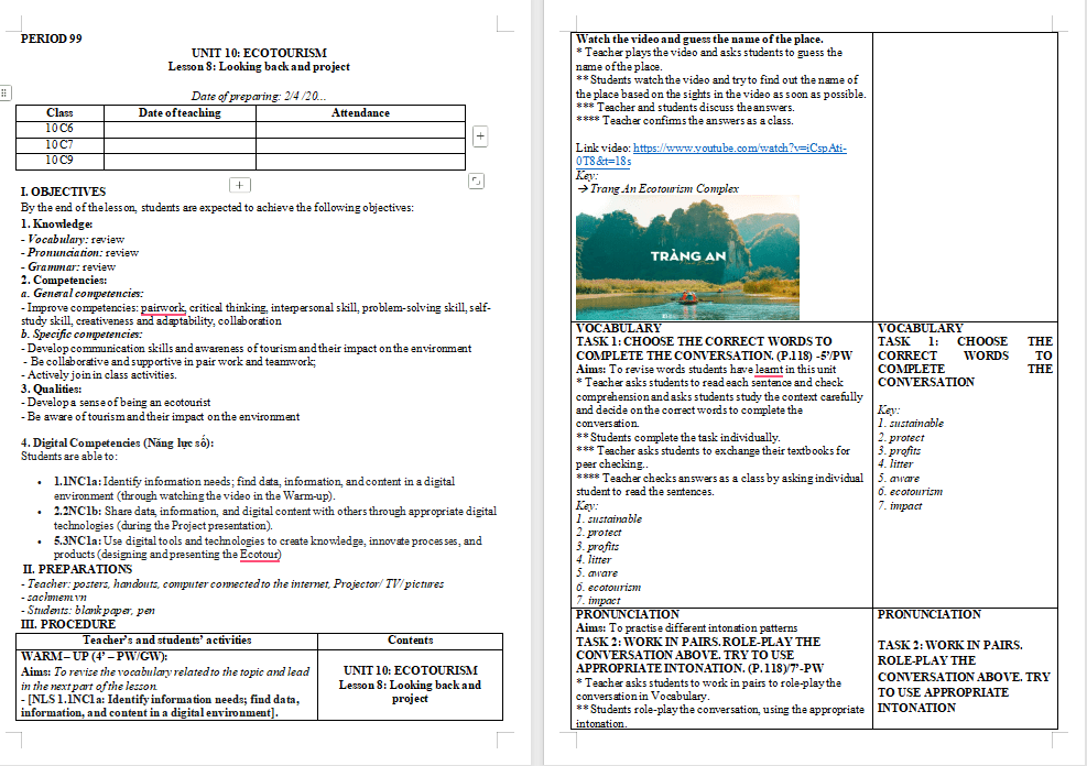 Giáo án Tiếng Anh 10 Unit 10: Looking Back