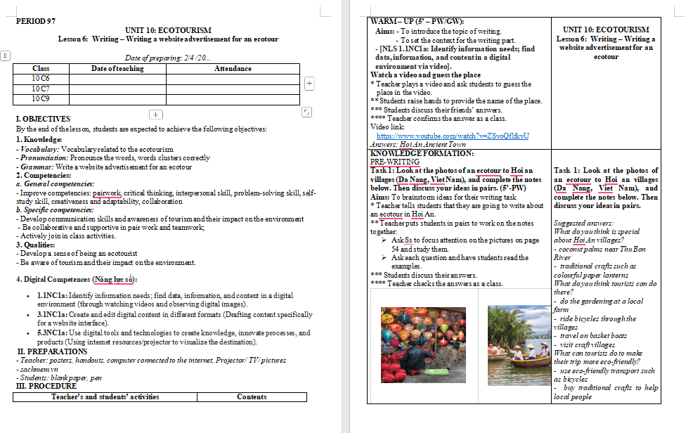 Giáo án Tiếng Anh 10 Unit 10: Writing