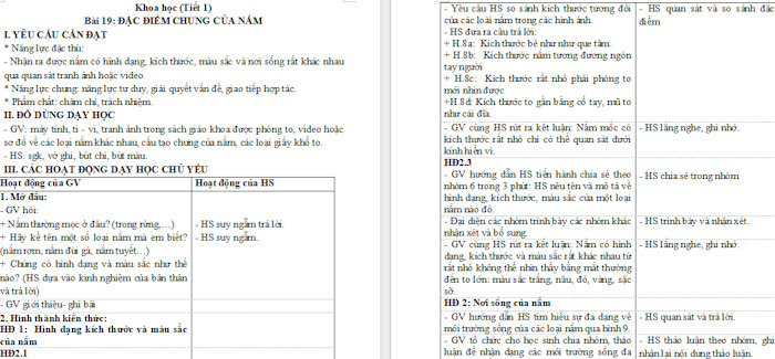Giáo án Khoa học 4 Đặc điểm chung của nấm
