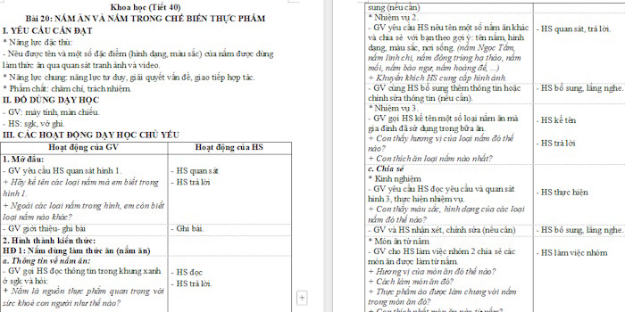 Giáo án Khoa học 4 Nấm ăn và nấm trong chế biến thực phẩm