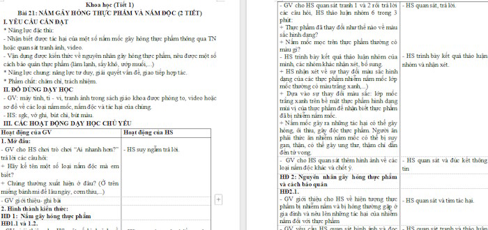 Giáo án Khoa học 4 Bài 21: Nấm gây hỏng thực phẩm và nấm độc