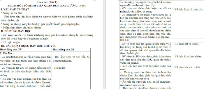 Giáo án Khoa học 4 Bài 25: Một số bệnh liên quan đến dinh dưỡng