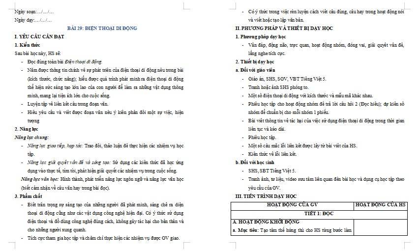 Giáo án Tiếng Việt 5 Bài 29: Điện thoại di động