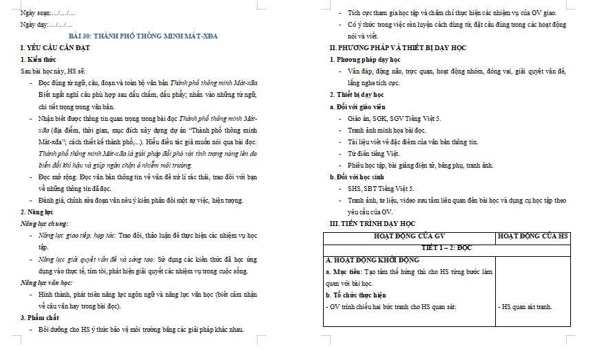 Giáo án Tiếng Việt 5 Bài 30: Thành phố thông minh Mát-xđa