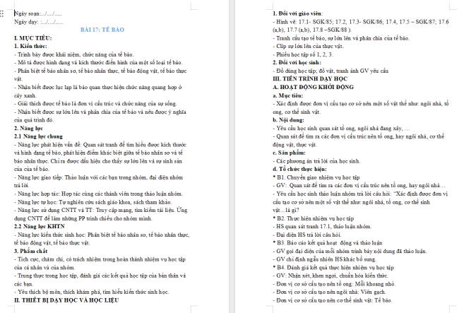 Giáo án Khoa học tự nhiên 6 Bài 17: Tế bào