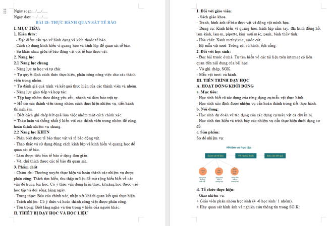 Giáo án Khoa học tự nhiên 6 Bài 18: Thực hành quan sát tế bào sinh vật