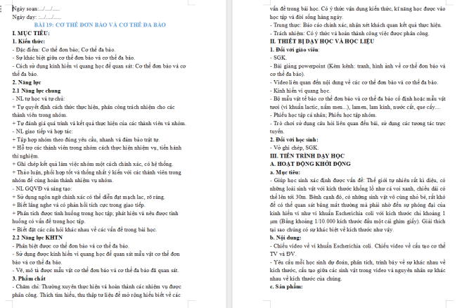 Giáo án Khoa học tự nhiên 6 Bài 19: Cơ thể đơn bào và cơ thể đa bào